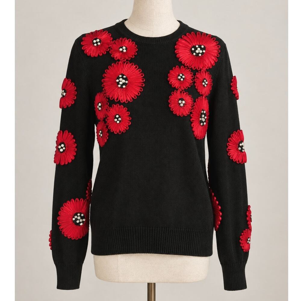 Vintage 90s Carlisle 100% Silk Black Red Floral Embellished Sweater Small